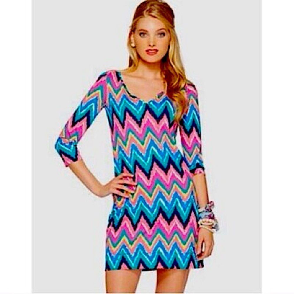 Lilly Pulitzer Gretchen Chevron Print 3/4 Sleeve Mini Dress Size Medium